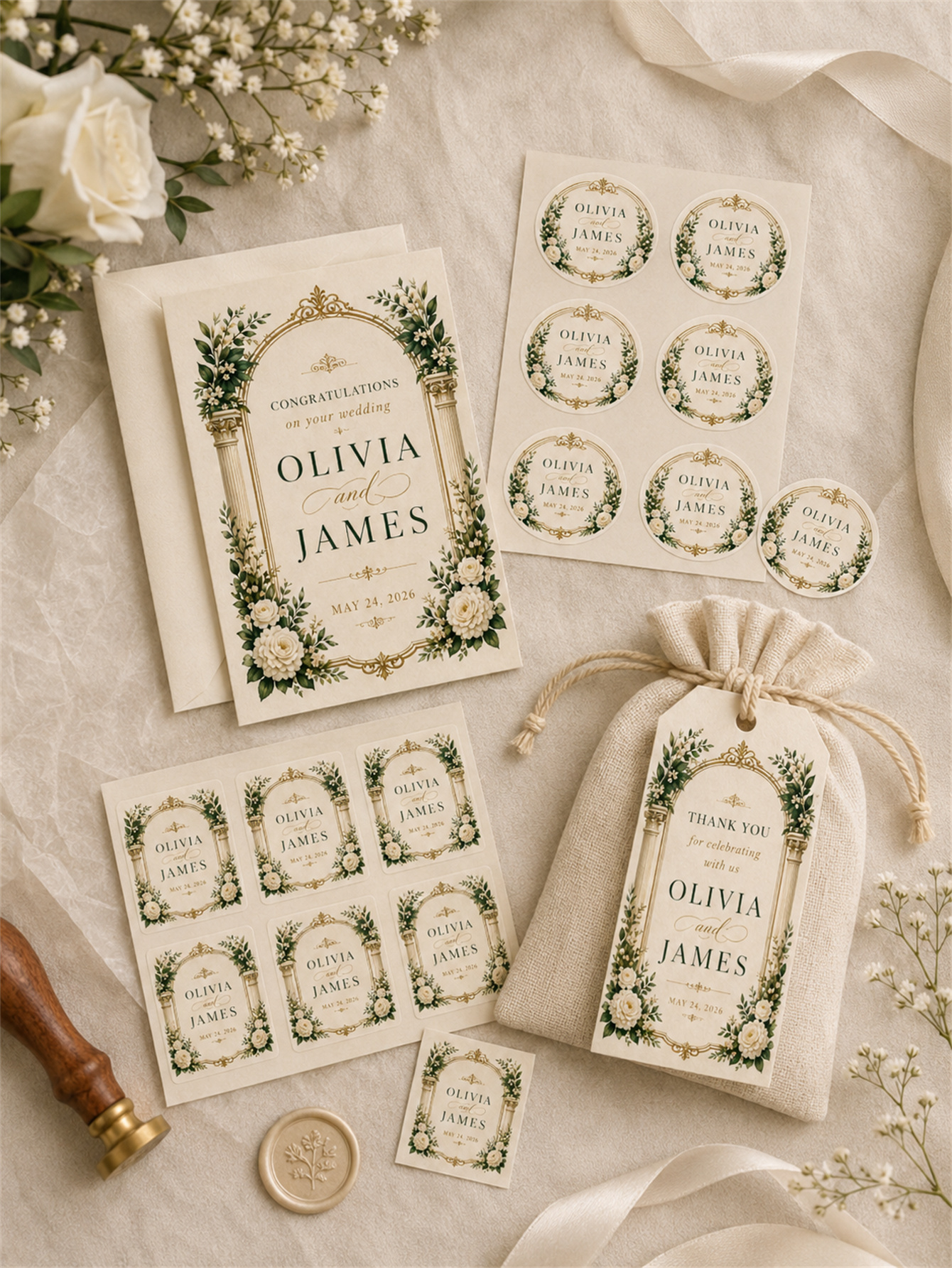 Luxurious ivory and gold wedding decorations - floral arch designs with white roses and classical column elements - custom names and dates